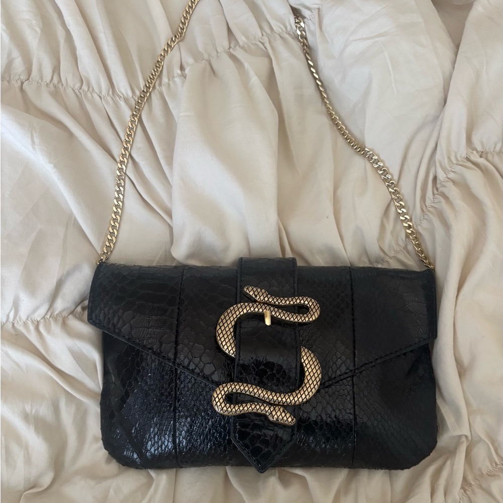 Express Black Snake-Embossed Clutch with Gold Chain